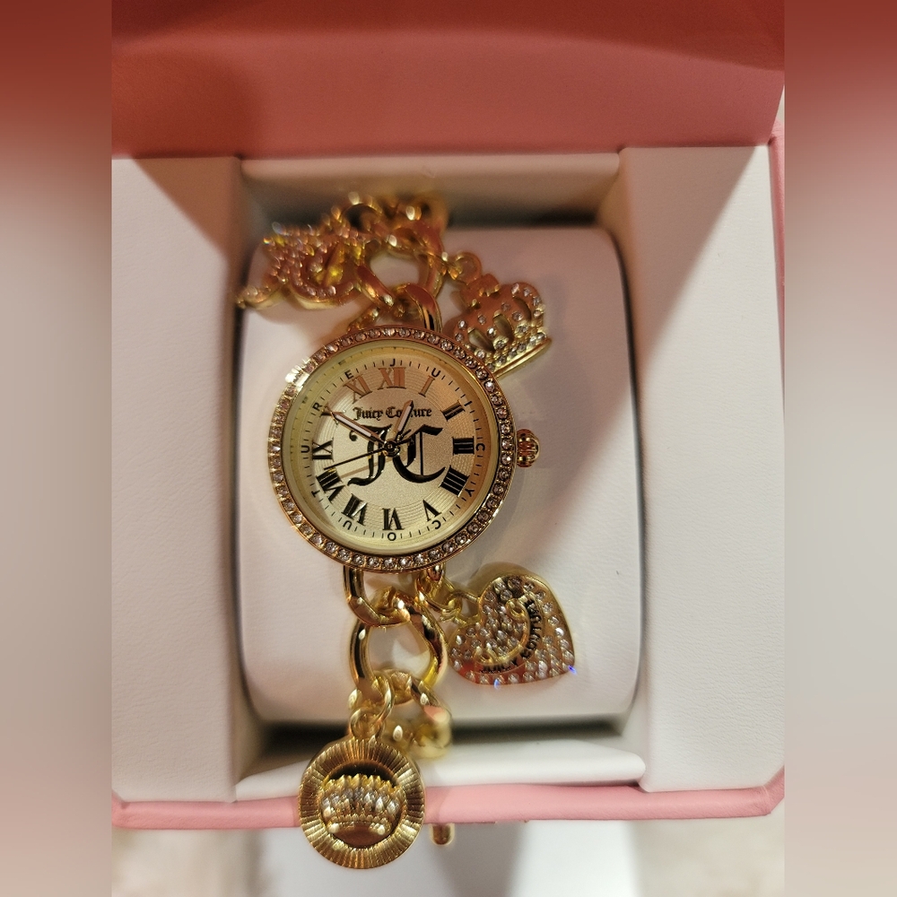 Juicy Couture Charm Bracelet Wrist Watch, Hanging Charms Costume Jewelry New